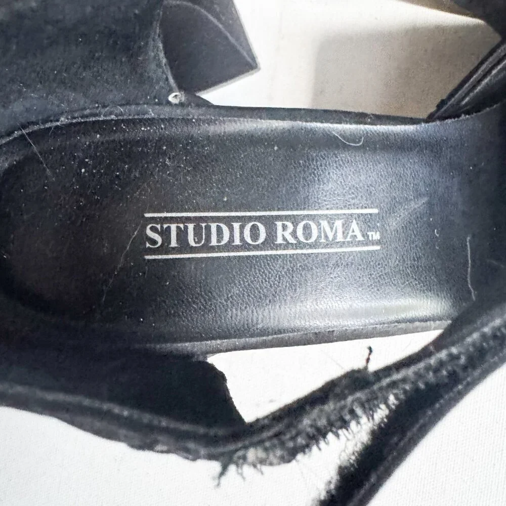 Vintage Y2K Studio Roma Black Satin Floral Chunky Heels 11